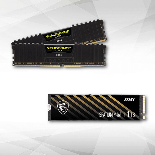 MSI Disque SSD - SPATIUM M461 PCIe 4.0 NVMe M.2 1TB + Vengeance LPX Series Low Profile 16 Go (2 x 8 Go) DDR4 3600 MHz CL18