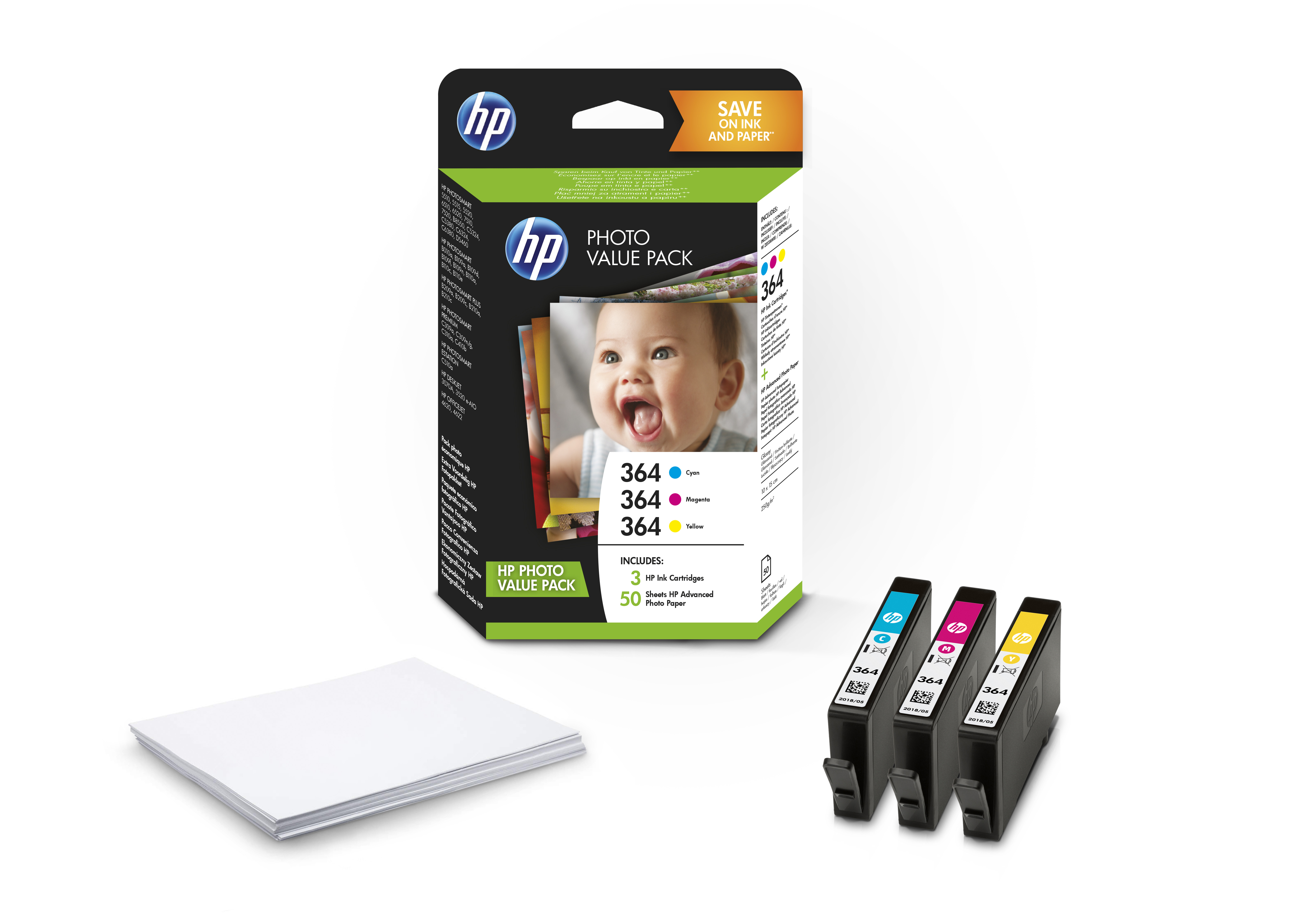 HP 364 Pack 3 cartouches d'encre T9D88EE - 3 couleurs  + 50 feuilles 10x15