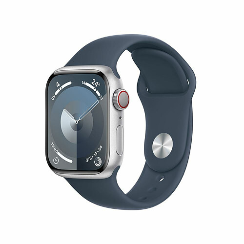 Apple Watch Series 9 GPS + Cellular 41 mm avec boîtier en aluminium argenté et bracelet sport Bleu tempête M/L