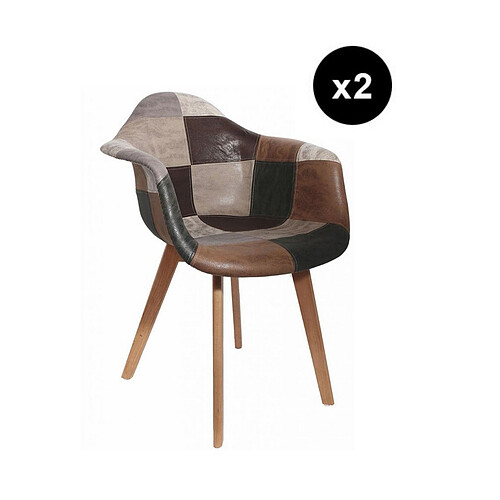 3S. x Home Lot de 2 Chaise Scandinave avec Accoudoir Patchwork Marron FJORD