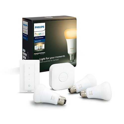 Philips Kit de démarrage - 3 ampoules connectées White 10.5W A60 E27 - Pont de connexion et télécommande Hue