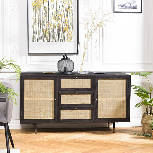 MACABANE Buffet Noir 2 Portes Coulissantes 1 Porte Abattante Cannage YANIS