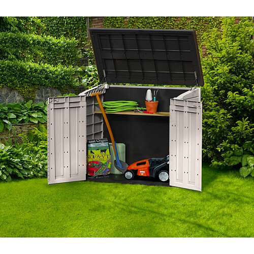 COFFRE JARDIN RESINE - MULTIFONCTIONS - 1200L - BEIGE - TOIT PLAT