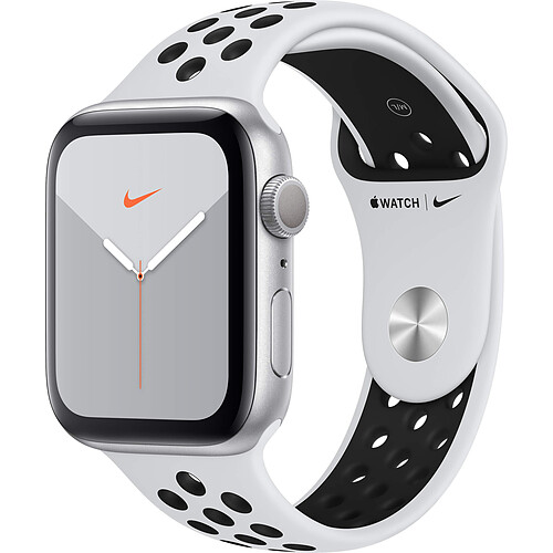 Apple Watch 5 Nike - 44 - Alu argent / Bracelet Sport Platine pur/Noir