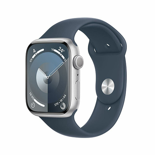 Apple Watch Series 9 GPS 45 mm Boîtier en aluminium argenté avec bracelet sport Bleu tempête M/L