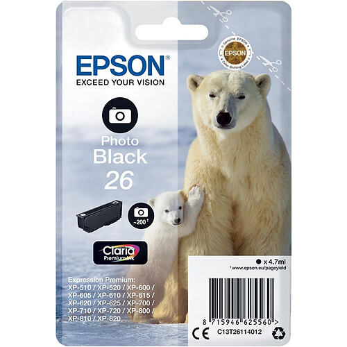 Epson C13T26114012 cartouche d'encre noir ''OURS POLAIRE'' série 26 authentique - Claria Premium N Photo