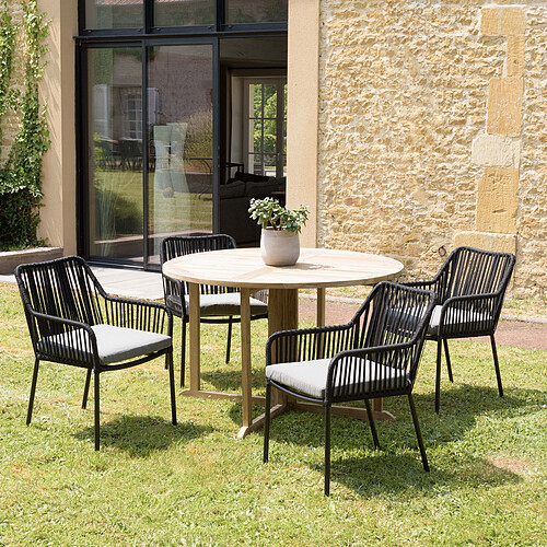 MACABANE Salon de jardin 4 personnes 1 Table ronde 120x120cm et 4 fauteuils noirs et gris en cordage