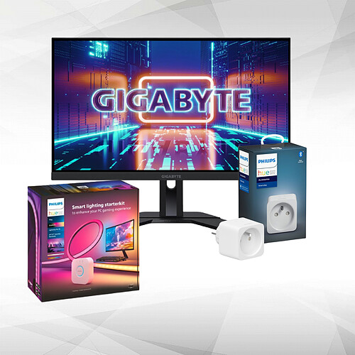 Pack Gaming immersif - Moniteur Gigabyte 27" (LED M27Q) + Pack Lightstrip PC Philips Hue 24/27" (pont de connexion et prise connectée Hue inclus)