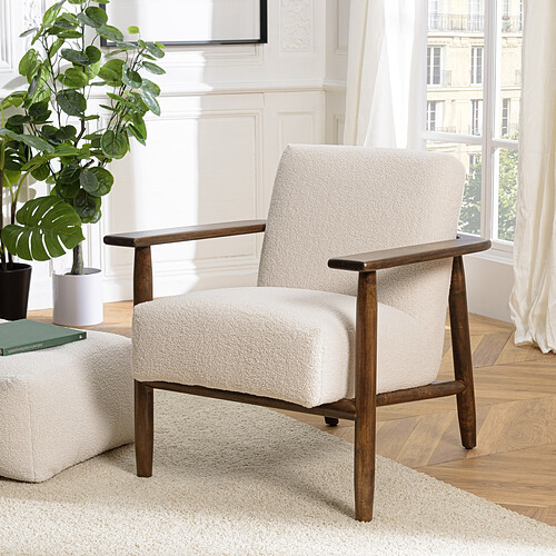 MACABANE Fauteuil tissu bouclette écru structure et accoudoirs en bois GASTON