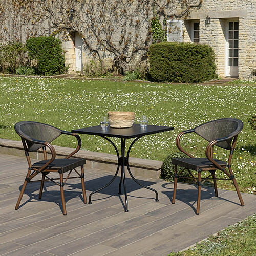 MACABANE Salon de jardin 2 personnes en acier - 1 table carrée 70x70cm et 2 chaises en textilène marron