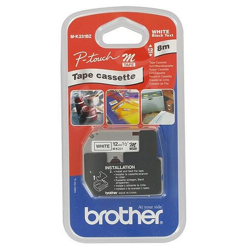 Ruban étiqueteuse métallisé Brother MK231 12 mm - blanc écriture noire. Longueur 8 m