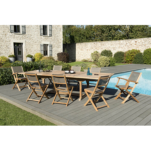 MACABANE Ensemble Table rectangulaire extensible en Teck + 6 Chaises et 2 Fauteuils pliants Taupe en Textilène