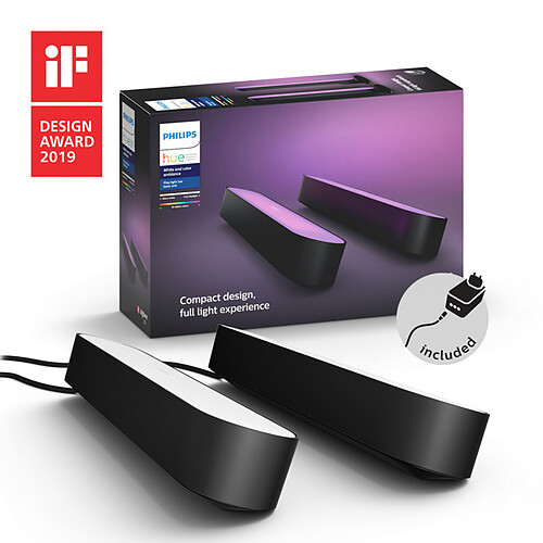 Philips Hue Pack de 2 Light bar Hue Play connectées noires - White & Color Ambiance + Pont de connexion Hue