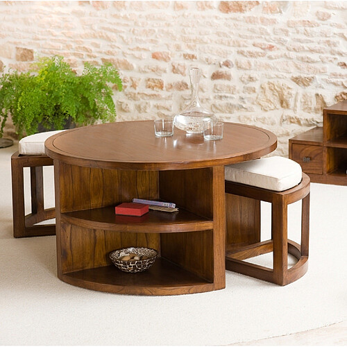 MACABANE Table Basse Ronde EDEN 2 Tabourets Avec Coussins Bois Mindi