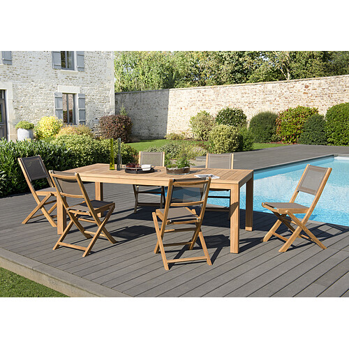 MACABANE Ensemble Table VIESTE en Teck + 6 chaises pliantes Taupe en textilène