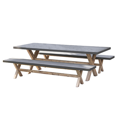 MACABANE Ensemble Table de Jardin Table rectangulaire en fibre de Ciment et Acacia + 2 bancs