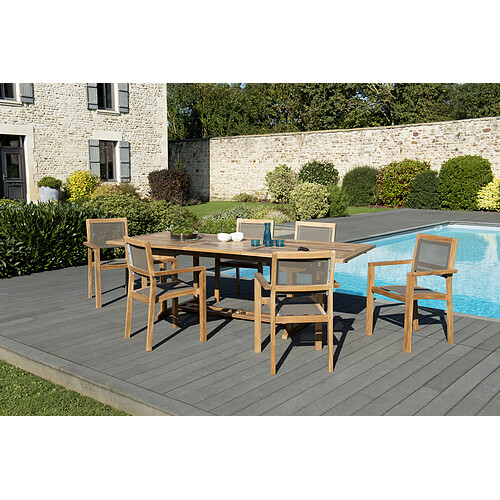 MACABANE Ensemble Table rectangulaire extensible en Teck + 6 Fauteuils empilables Taupe textilène